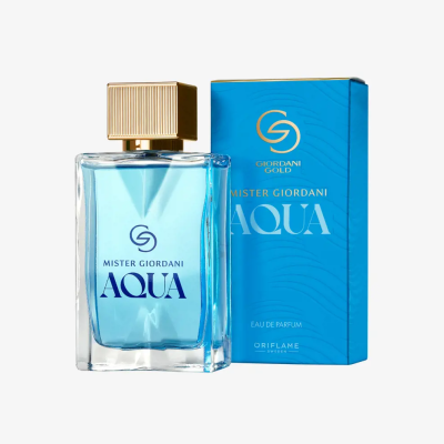 Frasco de perfume azul Mister Giordani Aqua com embalagem azul