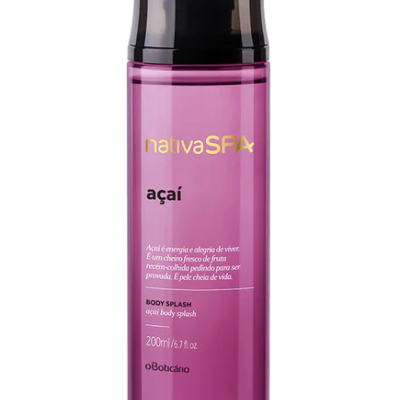 Frasco roxo de body splash nativaSPA açaí com tampa preta
