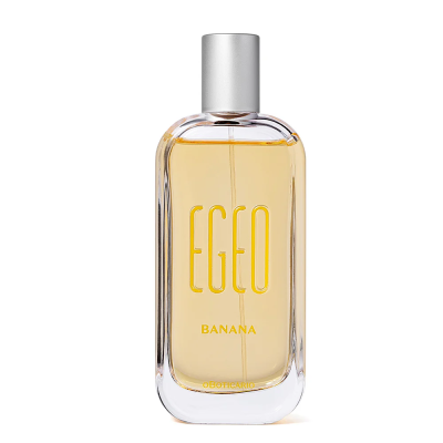Frasco de perfume EGO BANANA com líquido amarelo e tampa prateada