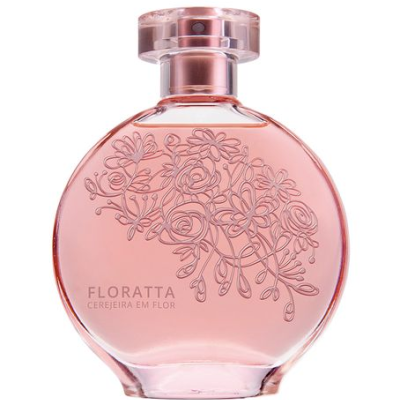 Frasco redondo cor-de-rosa de perfume Floratta Cerejeira em Flor com decoração floral em relevo