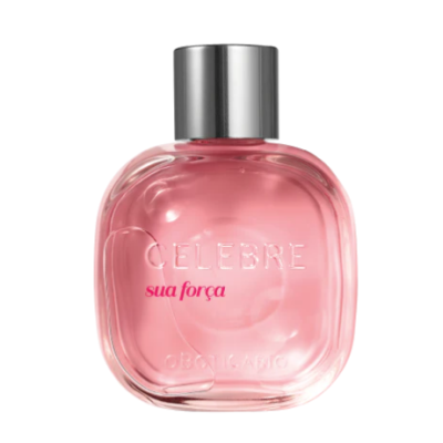 Frasco de perfume rosa com tampa prateada e textos 'CELEBRE', 'sua força' e 'O Boticário'