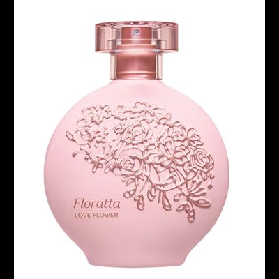 Frasco redondo de perfume cor-de-rosa com decoração floral em relevo e texto 'Floratta LOVE FLOWER'