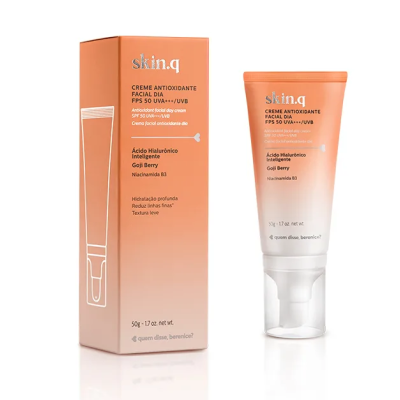 creme antioxidante facial de dia skin.q com embalagem laranja e branco