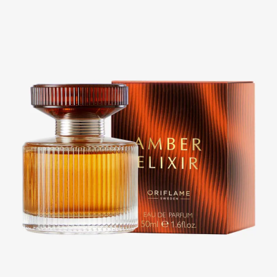 Frasco e embalagem de perfume âmbar elixir da Oriflame