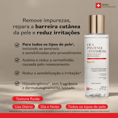 Frasco de água micelar com tampa dourada e texto promocional ao lado