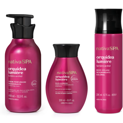 Produtos nativaSPA orquídea lumière em frascos rosa metálico com tampa preta
