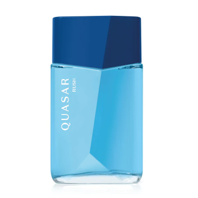 Frasco de perfume azul com tampa azul e texto QUASAR RUSH
