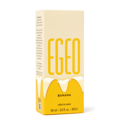 Frasco de perfume EGEO Banana da marca oBOTICÁRIO em embalagem amarela e bege.
