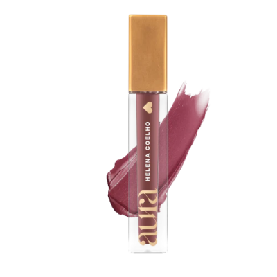 batom líquido rosa acastanhado com embalagem transparente e tampa dourada