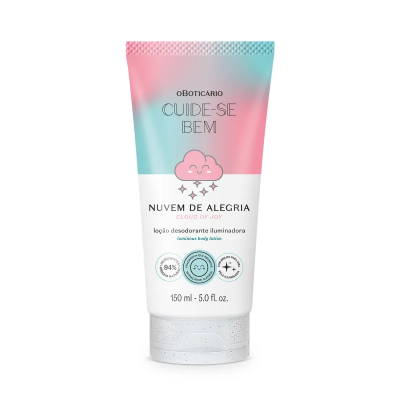 Tubo plástico de loção corporal colorido com texto e ícones