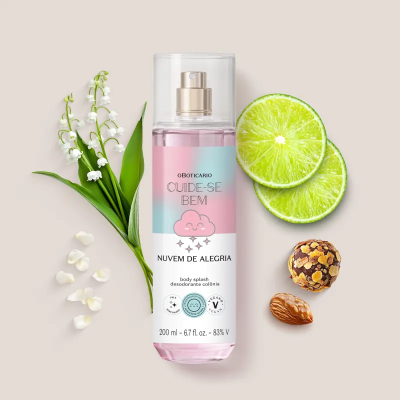 Frasco de body splash rosa e azul com ilustração de nuvem, flores, lima, amêndoa e bolacha ao lado