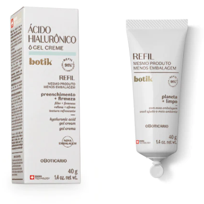 Embalagem e tubo branco de gel creme Ácido Hialurónico Botik da oBoticário com texto castanho e preto.