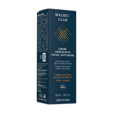 Embalagem azul escura do creme facial Malbec Club com texto branco e amarelo