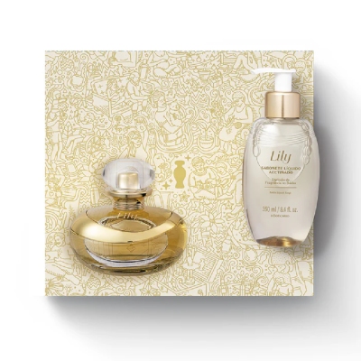 Conjunto de perfume dourado e sabonete líquido Lily com embalagem decorada