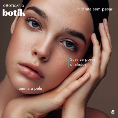 Close-up de rosto feminino com texto promocional de cosmético