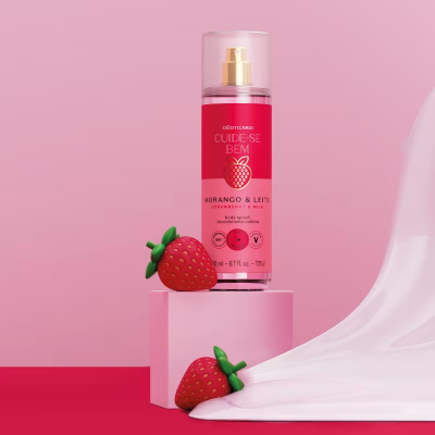 Frasco de body splash com aroma de morango e leite em ambiente rosa com morangos artificiais