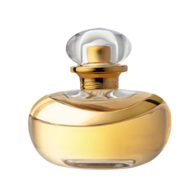 Frasco de perfume dourado e transparente com tampa arredondada