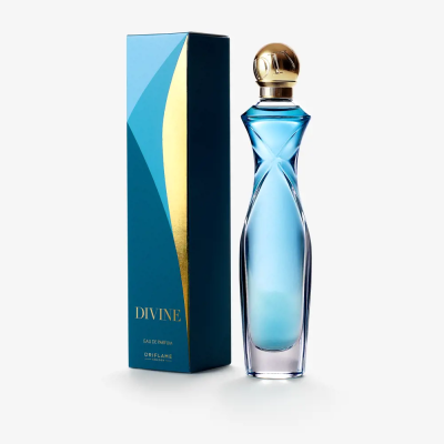 Frasco e embalagem de perfume Divine azul e dourado