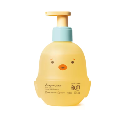 Frasco de shampoo suave amarelo com tampa e desenho de pássaro