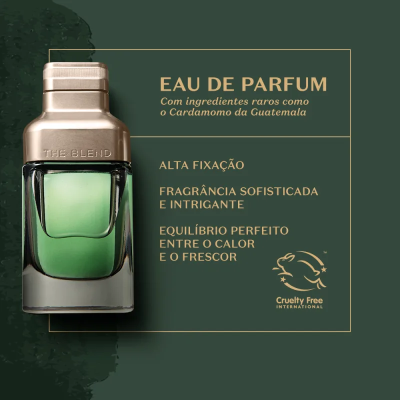 Frasco de perfume verde com tampa dourada e texto explicativo em português