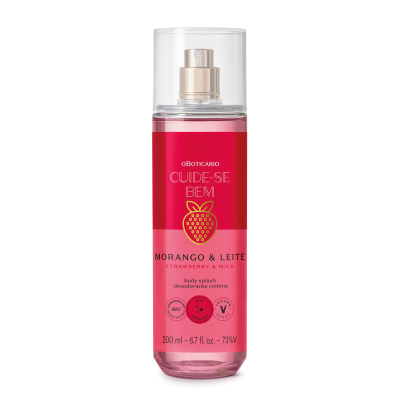 Frasco de body splash Morango & Leite da marca O Boticário com rótulo vermelho e rosa