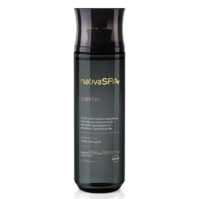 Frasco preto translúcido de body splash nativaSPA caviar