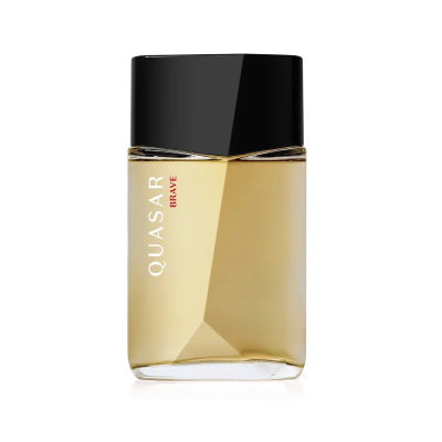 Frasco de perfume QUASAR BRAVE com tampa preta e líquido amarelo