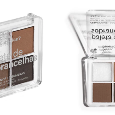 Paleta de sobrancelhas com quatro tons castanhos em embalagem plástica transparente