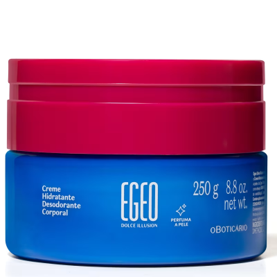 Frasco azul com tampa vermelha de creme hidratante desodorante corporal EGEO