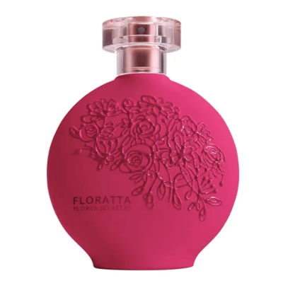 frasco de perfume rosa forte com relevo floral e tampa transparente
