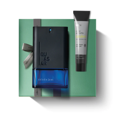 Conjunto de perfume e creme para barba da marca O Boticário sobre caixa verde