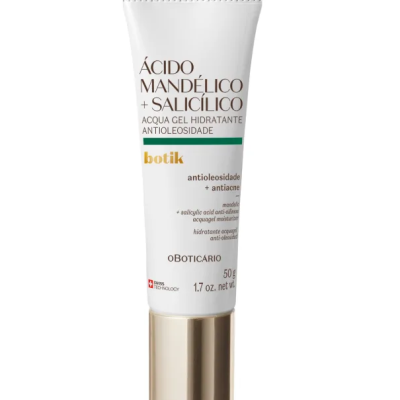 Tubo branco de gel hidratante facial Botik com tampa dourada e texto em castanho, verde e dourado