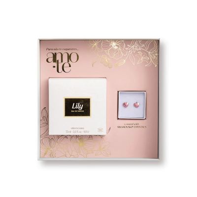 Caixa de presente rosa com perfume Lily e brincos com cristais Swarovski