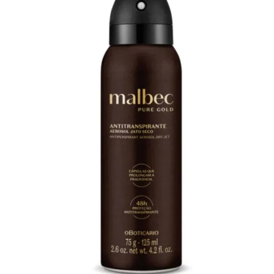 Frasco de antitranspirante em aerossol Malbec Pure Gold castanho com tampa preta