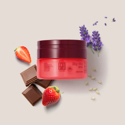 Frasco de creme corporal Egeo vermelho com morangos, chocolate, lavanda e sementes