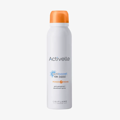 Spray desodorizante Activelle branco com tampa laranja e texto azul e laranja