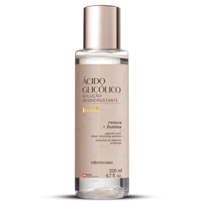 Frasco transparente de Ácido Glicólico Botik com rótulo bege e tampa dourada