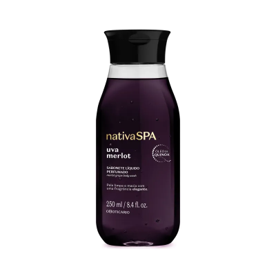 Frasco de sabonete líquido Nativa SPA uva merlot roxo com tampa preta