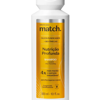 Frasco branco de shampoo Nutrição Profunda de O Boticário com rótulo amarelo