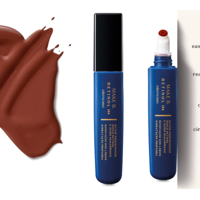 Batom líquido RMK azul com várias tonalidades e amostras de cores