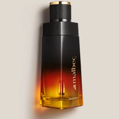 Garrafa de perfume Malbec com degradê amarelo para preto e tampa preta e dourada