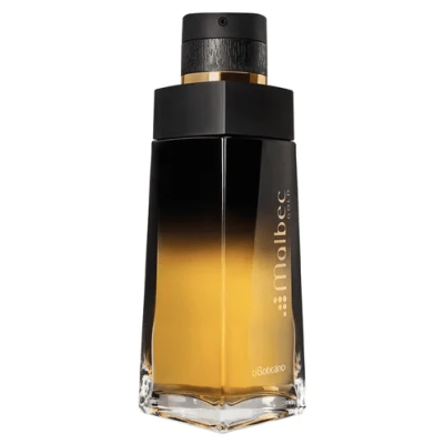 Frasco hexagonal de perfume Malbec com tampo preto texturizado e degradê amarelo para preto
