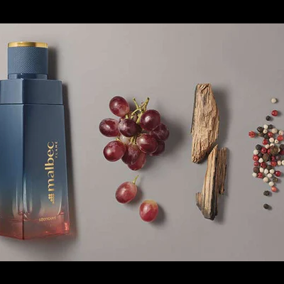 Frasco de perfume Malbec com uvas, madeira e pimenta em fundo cinza