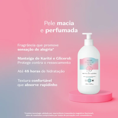 frasco branco de loção hidratante Nuvem de Alegria sobre suporte rosa com texto em fundo degradé rosa e lilás