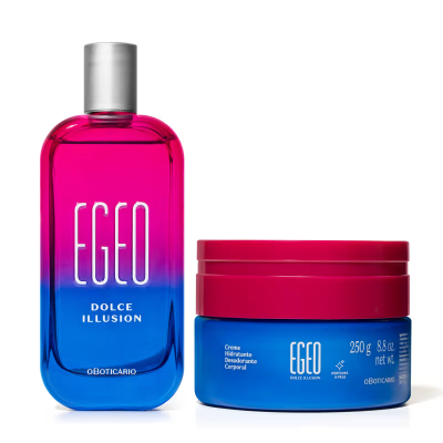 Frasco de perfume e pote de creme corporal coloridos em rosa e azul da marca O Boticário