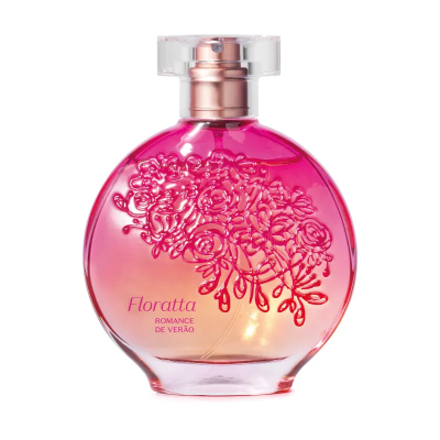 Frasco de perfume Floratta Romance de Verão cor-de-rosa com relevo floral