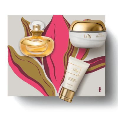Conjunto de cosméticos Lily com perfume, creme corporal e pote sobre embalagem floral