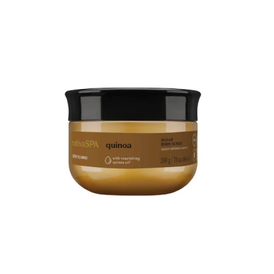 Esfoliante corporal nativaSPA quinoa em pote dourado com tampa preta.