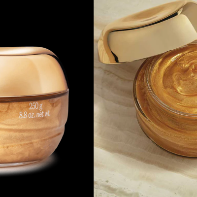 Embalar creme dourado Lily com tampa metálica e textura cremosa dourada