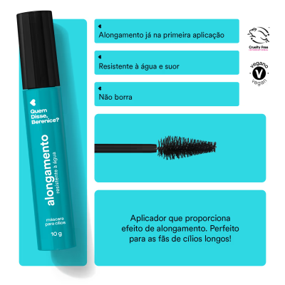 Máscara para cílios alongamento resistente à água com pincel aplicador e benefícios destacados em fundo azul